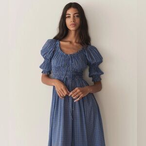Dôen Ischia Check Smocked Midi-Dress in Cassis Check nwt